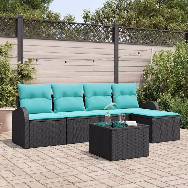 Set di divani da giardino vidaXL in polyrattan 6 pezzi, Nero e Turchese