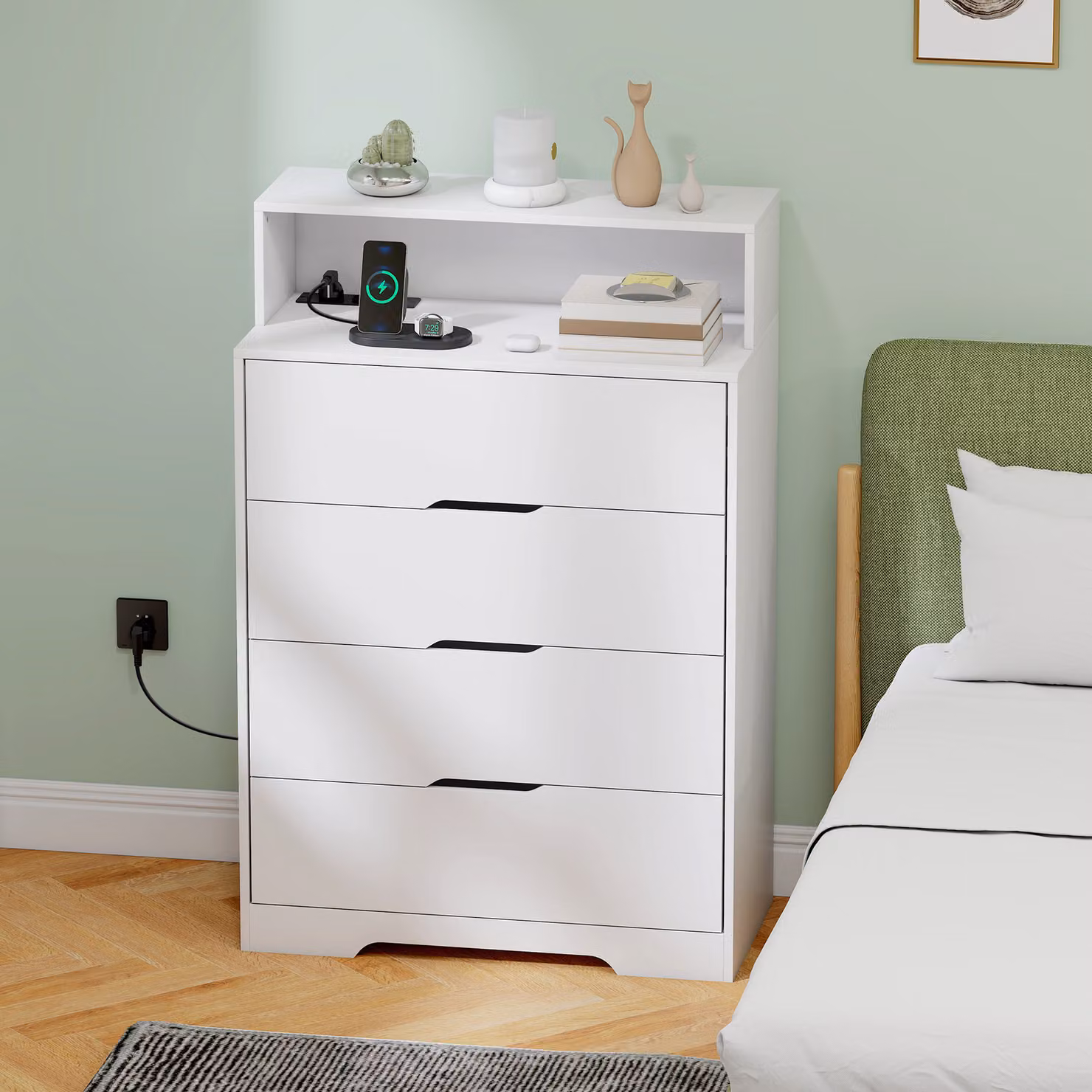 Cassettiera HOMCOM per camera da letto con ripiano aperto e stazione di ricarica USB e USB-C, Bianco, L: 80 cm, P: 40 cm, H: 120 cm – 2