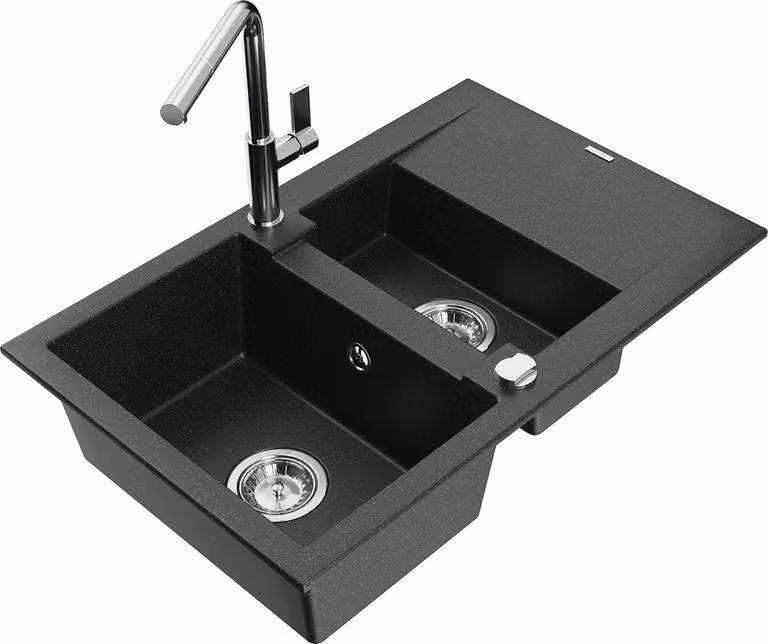 Mexen Gaspar lavello in granito 1,5 vasca con scolapiatti e rubinetto da cucina Flora, nero/argento - 6507-73-670401-00