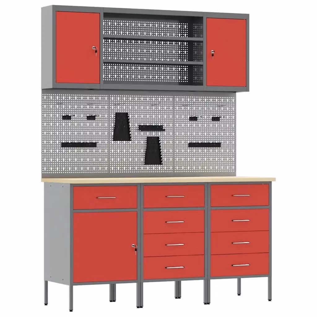 Mobile da lavoro con cassetto vidaXL in acciaio e legno, 7 pezzi, Rosso e Grigio – 2