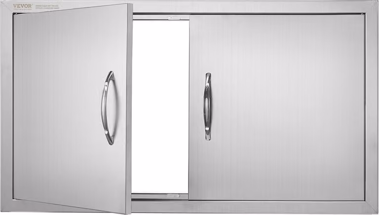 Porta di accesso al barbecue, 863 x 482 x 46 mm, doppia porta per cucina esterna, porta in acciaio inox ad incasso, porta verticale a parete con maniglie, per isola barbecue, postazione barbecue, mobile esterno, ecc.