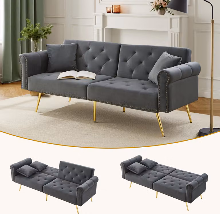 Divano a due posti STILVORA con schienale, regolazione a 3 livelli, piedini in metallo dorato, divano lounge con funzione letto, grigio antico