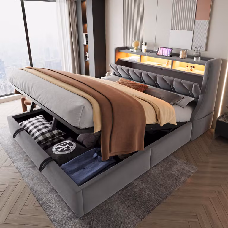 okwish Letto imbottito 180 x 200 con contenitore, Struttura letto idraulica con illuminazione a LED, Letto in legno a scomparsa, Letto matrimoniale con presa e testata, Grigio