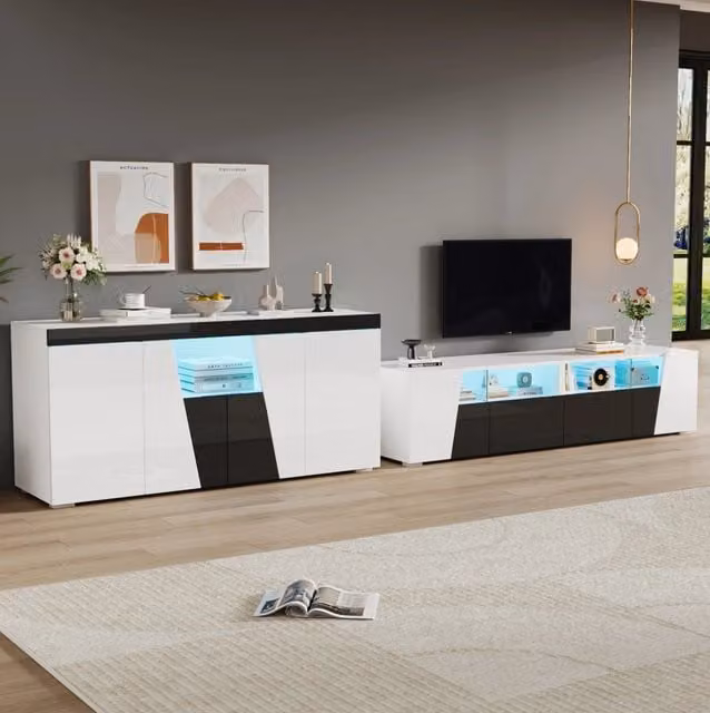 Mobile TV in MDF con finitura lucida frontale e illuminazione LED Bluetooth 180x38,5x45 cm, mobile TV bianco e nero
