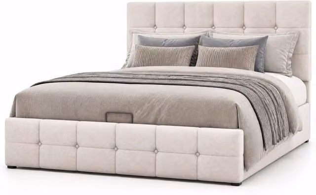 Letto matrimoniale imbottito con contenitore idraulico 203x140x106 cm in velluto bianco crema