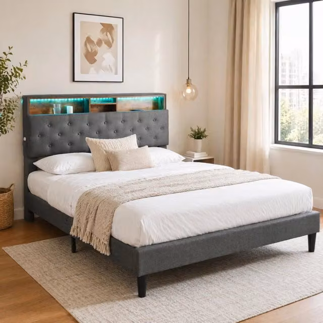Letto matrimoniale imbottito con testiera contenitore e LED; 140x200 cm; grigio
