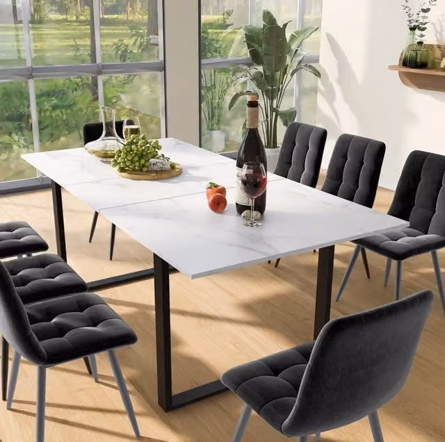 Set tavolo da pranzo allungabile 140/180x80x75 cm in MDF bianco, 8 sedie grigie