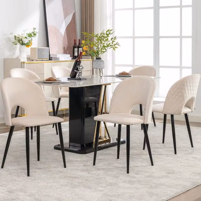 Sedia da Pranzo Imbottita in Velluto ¨C MINIMAL ¨C Beige, Struttura in Metallo, Set 6 Pezzi
