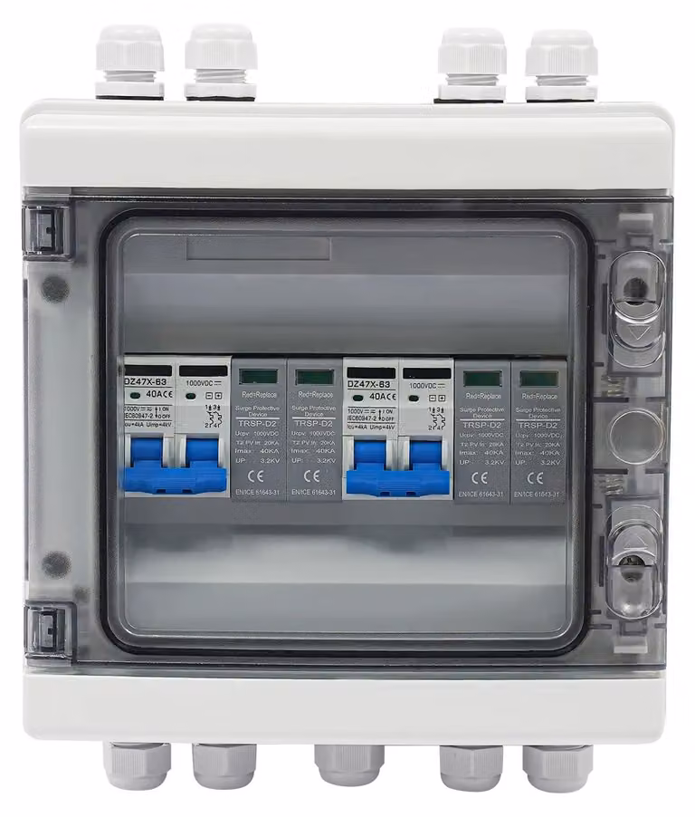 Scatola di connessione per pannelli fotovoltaici - Distributore di cavi solari a 2 uscite - Protezione contro le sovratensioni - Interruttore di protezione da sovraccarico - Grado di protezione IP65 (resistente all'acqua) - 1000V DC - Montaggio a parete -