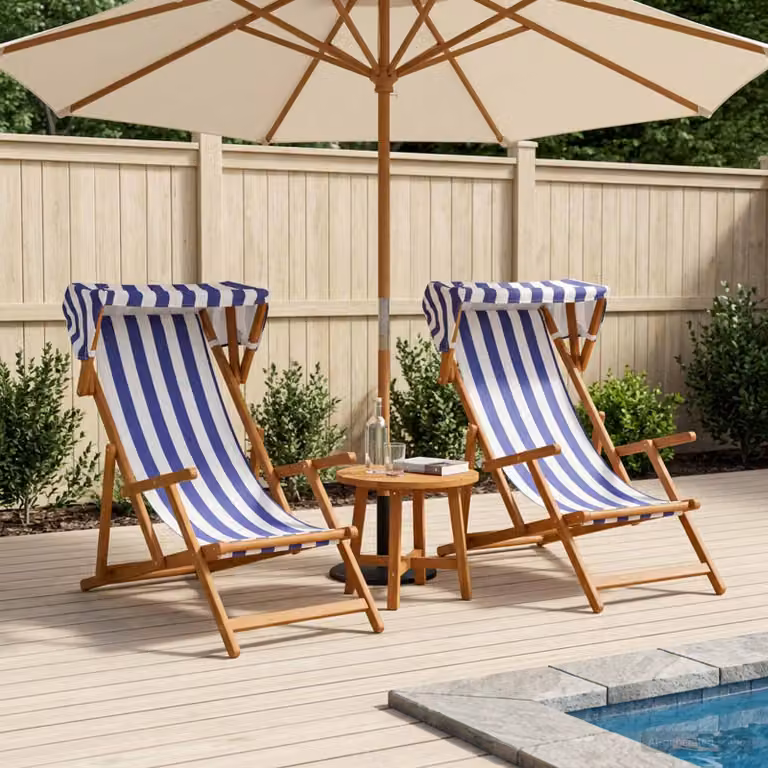 Set di 2 lettini prendisole vidaXL in legno di eucalipto massello oliato con poggiatesta regolabile e cuscini a righe blu e bianche per giardino e terrazzo