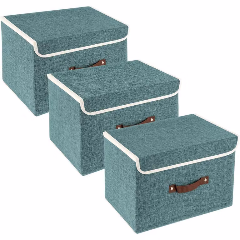 Contenitore pieghevole con coperchio, in tessuto, lavabile, set da 3, dimensioni 38x25x25 cm, colore blu intenso