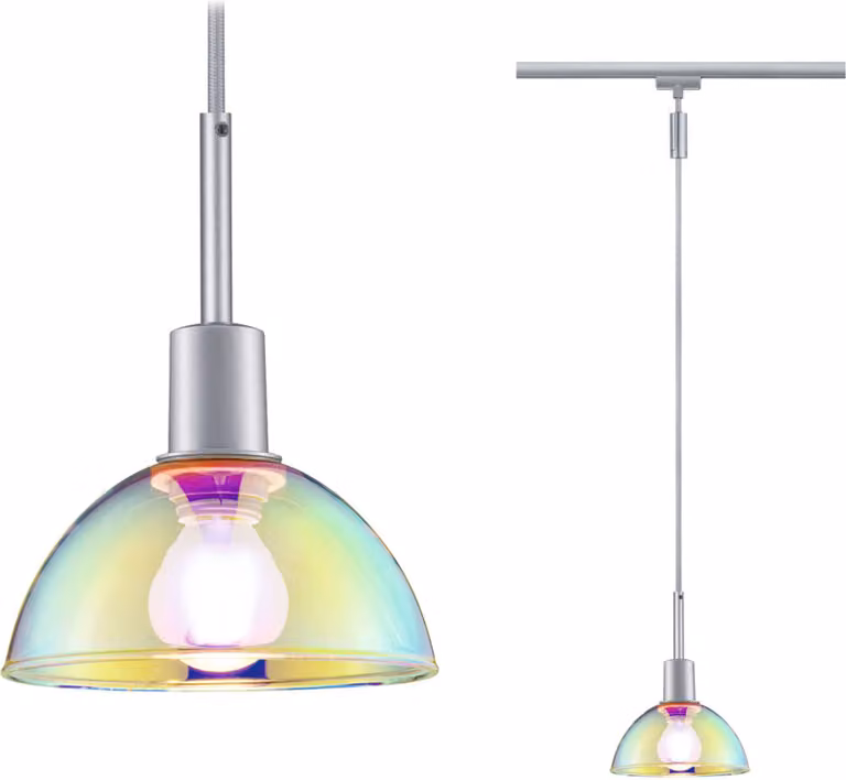 Lampada a sospensione URail Sarrasani, attacco E14, massimo 20W, dimmerabile, 230V, finitura cromo opaco, tecnologia dichroica