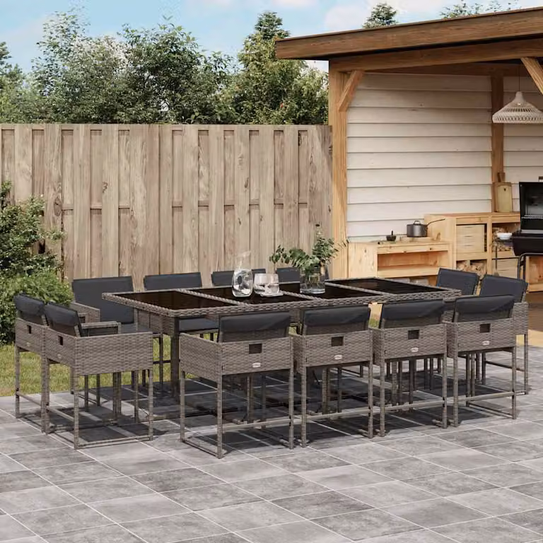 Set da Pranzo da Giardino vidaXL in Polyrattan Grigio con Cuscini e Tavolo in Vetro, 13 Pezzi