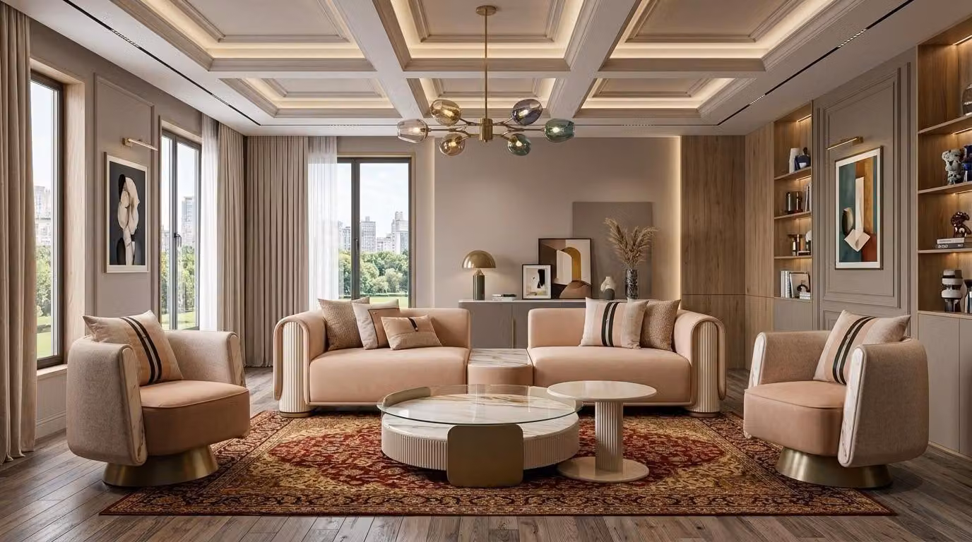 Divano a tre posti con tavolino integrato, poltrona, tavolino da caffè, tavolino ausiliario, design moderno