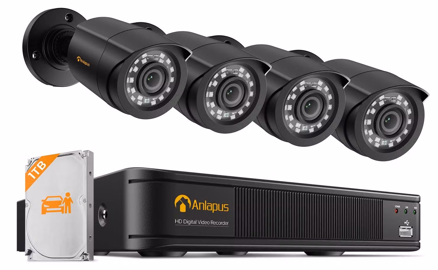 Kit di telecamere di sicurezza per esterni Anlapus, risoluzione 1080P, sistema a 8 canali, compressore video H.265+, registratore video digitale (DVR) da 1TB, telecamere HD da 2MP
