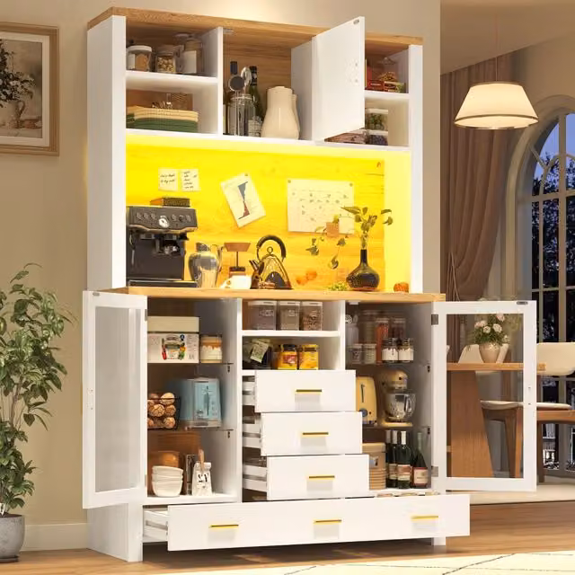 Credenza da cucina con LED controllabile da smartphone, cassetti e ripiani, bianco effetto legno, 120 × 40 × 188 cm