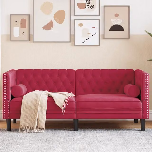 Divano Chesterfield a 2 posti vidaXL in velluto rosso con cuscini coordinati L: 174 cm, P: 70,5 cm, H: 74,5 cm – 1