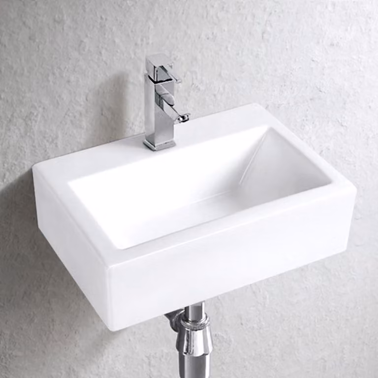 Lavabo da bagno sospeso o da appoggio, in Vetroceramica, modello Soho, bordo sottile, dimensioni 43 x 30 cm