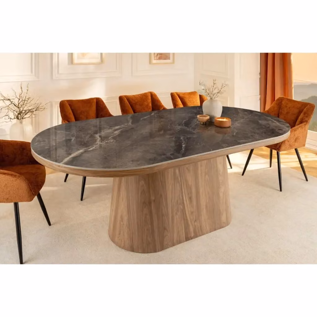 Tavolo da pranzo ovale LUMEA Meublorama con effetto marmo grigio e noce, stile moderno e design contemporaneo, L: 200 cm, P: 120 cm, H: 76 cm – 2