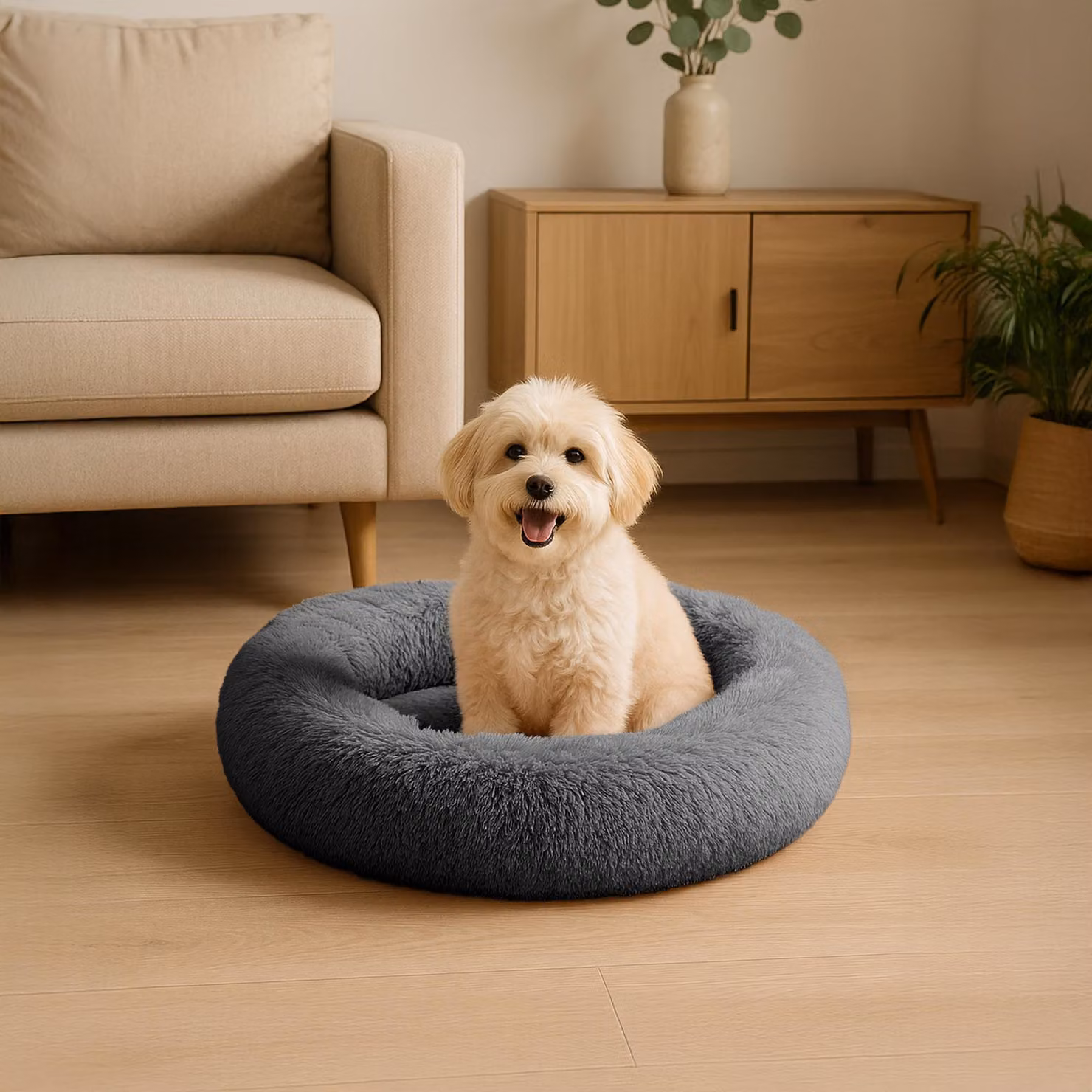 belviona donut dog bed, accogliente letto in peluche con morbida imbottitura, presa sicura e bordo ergonomico, diametro 50 cm, antracite