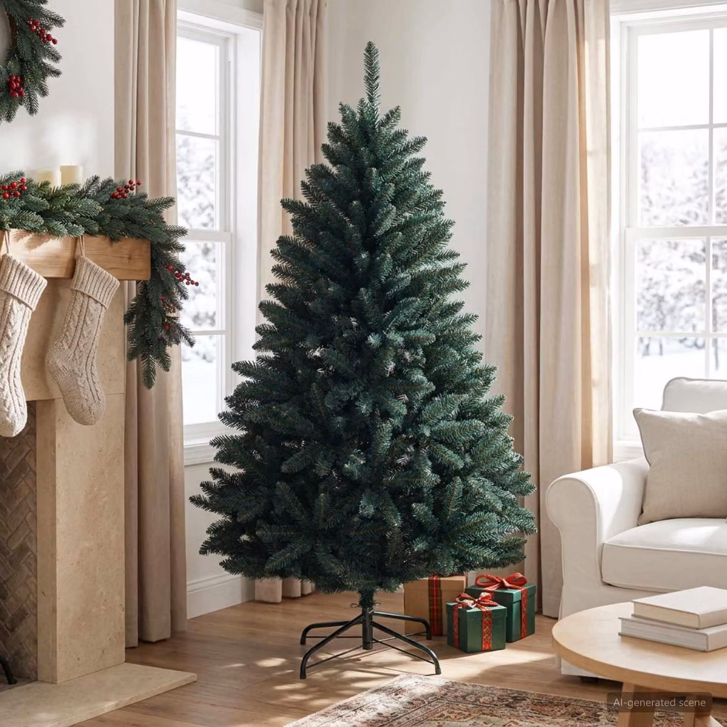 Albero di Natale artificiale pieghevole, altezza 150 cm, PVC, verde scuro