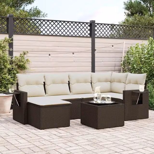 Set Divani da Giardino 7 pz con Cuscini Marrone in Polyrattan 3220472