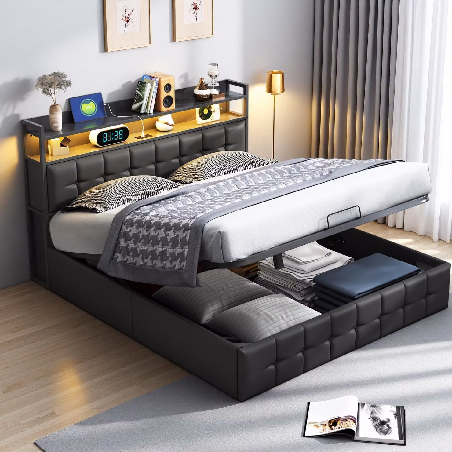 Letto imbottito INONEFT, 160x200 cm, letto matrimoniale con spazio contenitore ad apertura idraulica, letto per ragazzi con illuminazione LED e prese USB, rivestito in ecopelle nera, senza materasso