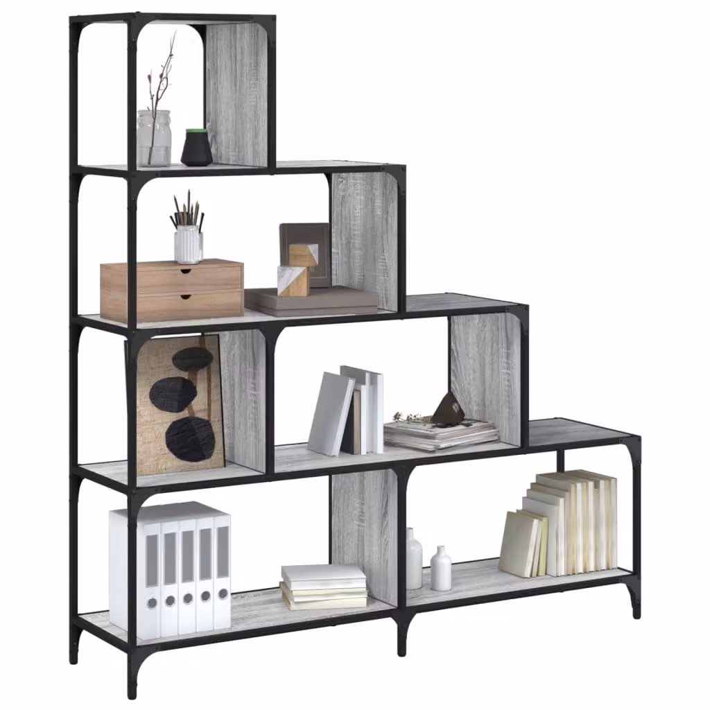 Libreria vidaXL con 4 Ripiani in Legno Multistrato e Metallo, Grigio, L 139 cm x P 33,5 cm x H 149 cm