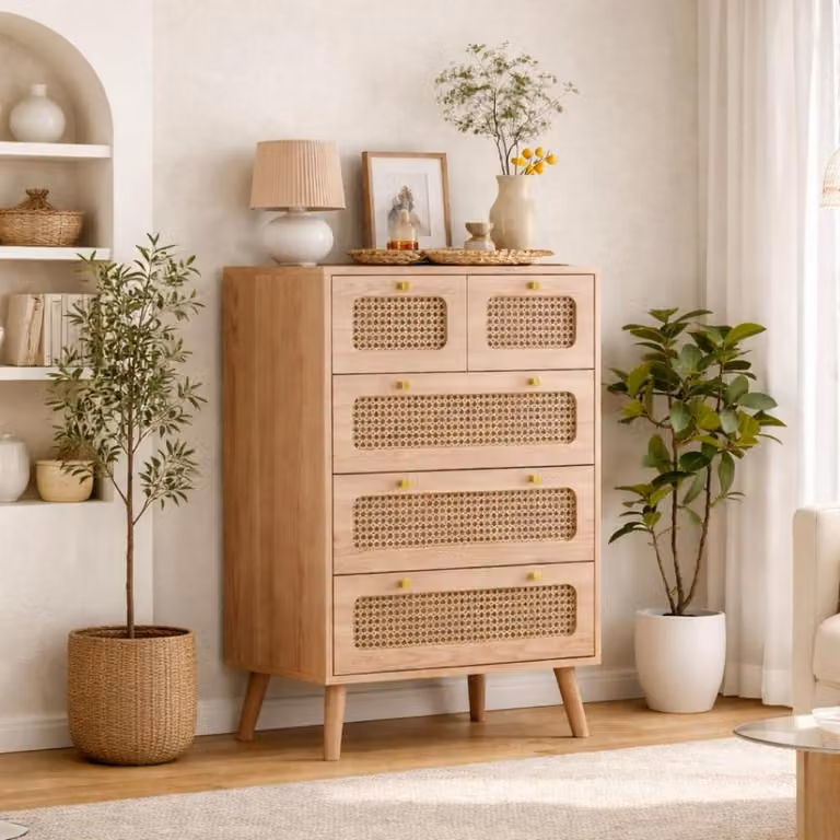 Comodino con 5 cassetti, legno e rattan, stile boho, mobiletto laterale in legno naturale