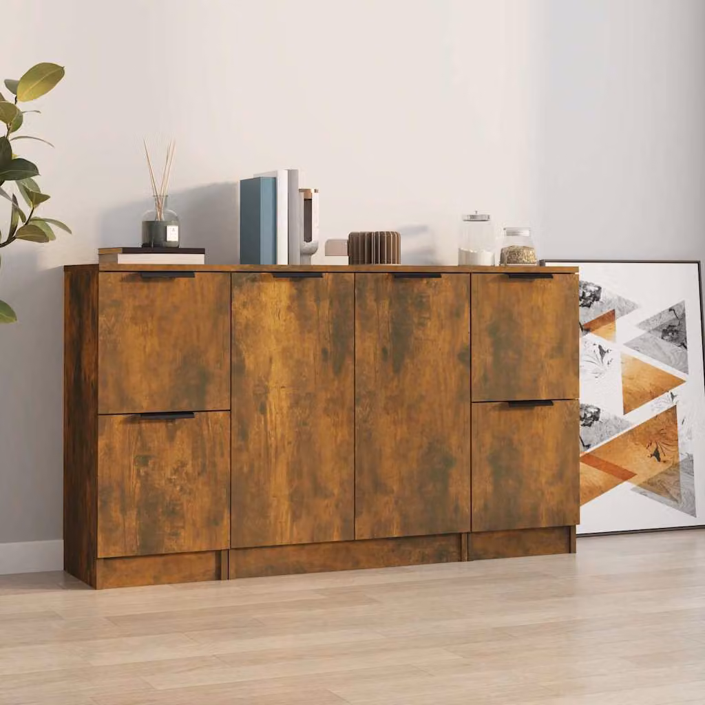 Set di 3 credenze vidaXL in legno multistrato e MDF, colore rovere fumo, design minimalista da appendere a parete per soggiorno o sala da pranzo