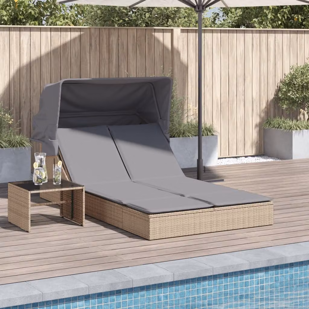 vidaXL Lettino Doppio con Baldacchino e Cuscini in Polyrattan Beige e Grigio