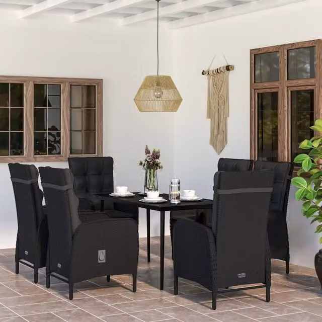 Set da Pranzo da Giardino vidaXL in Polyrattan Nero con Tavolo in Vetro e 7 Sedute con Cuscini – 1