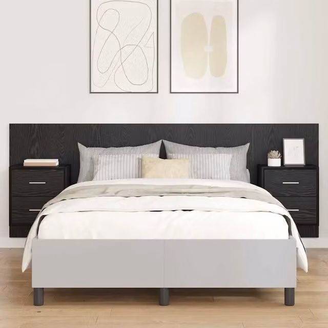 Set di 3 Testiere con Comodini Integrati vidaXL in Legno Rovere e Nero, Design Moderno a Parete, L: 217 cm, P: 32,5 cm, H: 80 cm