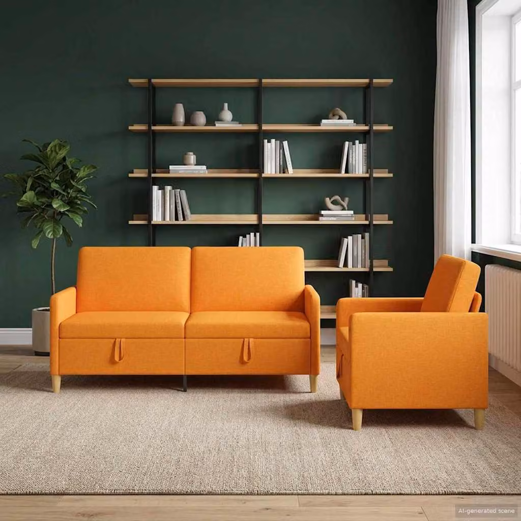Set di divani vidaXL moderno in tessuto con contenitore, composto da divano a 3 posti, divano a 2 posti e poltrona, colori giallo, marrone e arancione