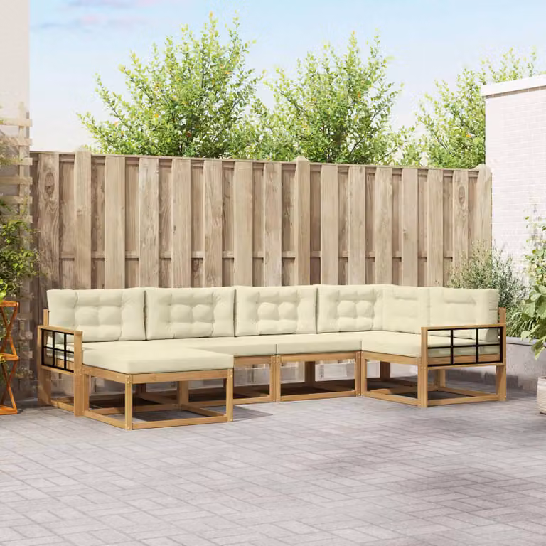 Set di divani da esterno vidaXL a forma di L in legno di acacia con cuscini, bianco, beige e marrone