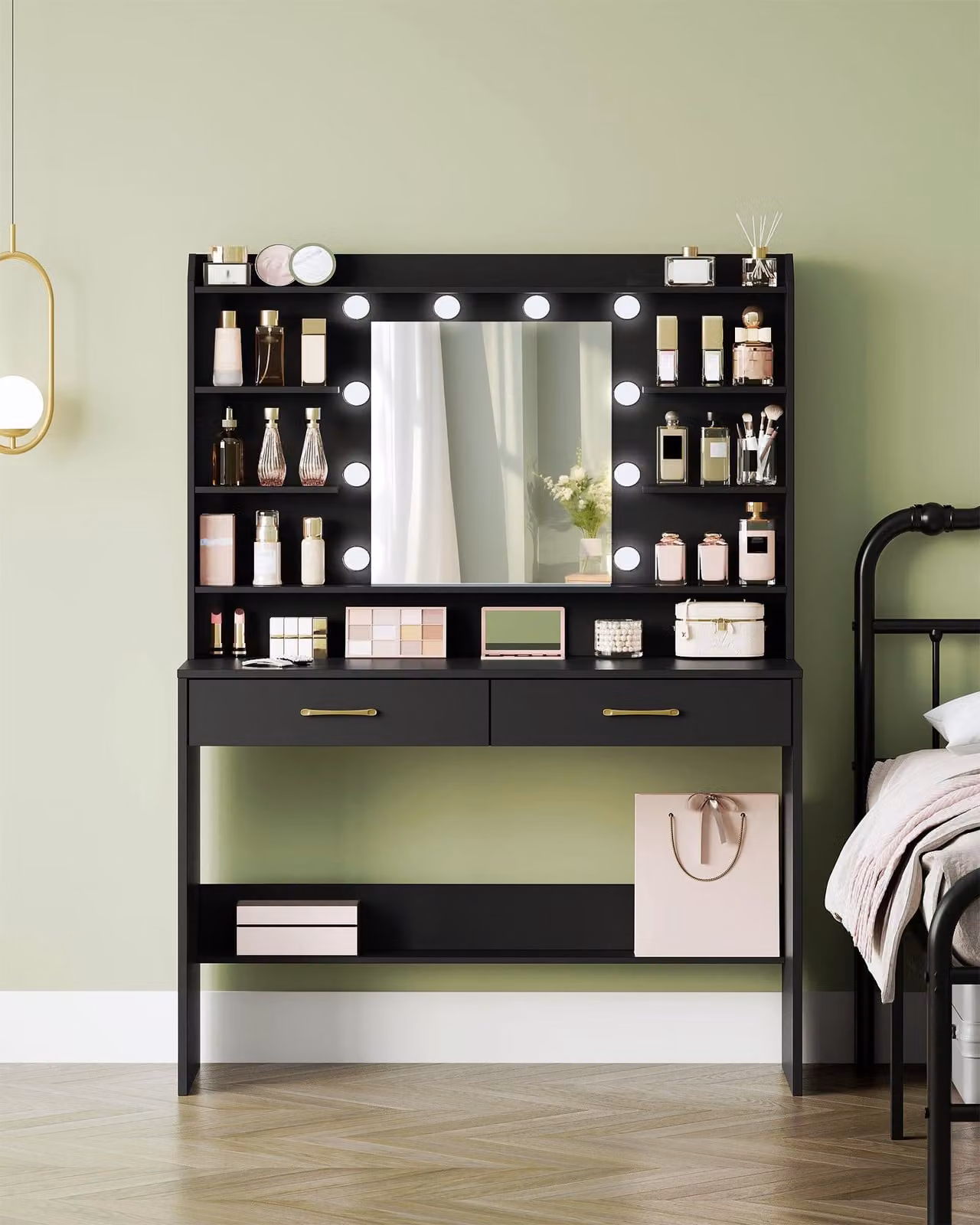 Comò con specchio - Nero - Illuminazione LED regolabile - Legno - Design moderno e minimalista