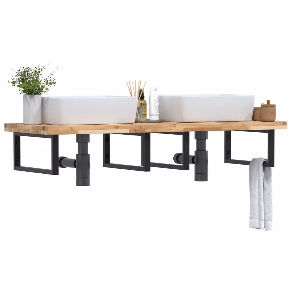 vidaXL Ripiano a Parete per Lavabo in Accacia e Metallo Nero e Marrone L: 50 cm, P: 24 cm, H: 5 cm