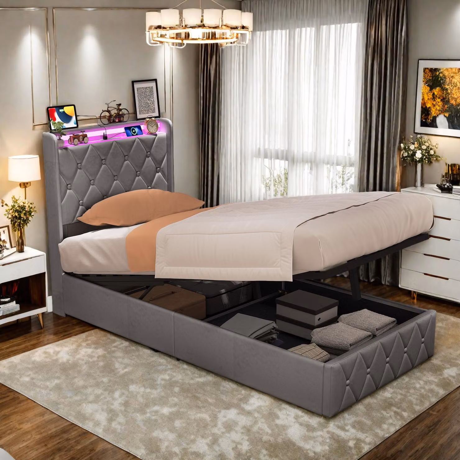Letto imbottito REMZETTA, 90 x 200 cm, letto singolo con contenitore e meccanismo di sollevamento idraulico, testiera imbottita, tessuto velluto, colore grigio