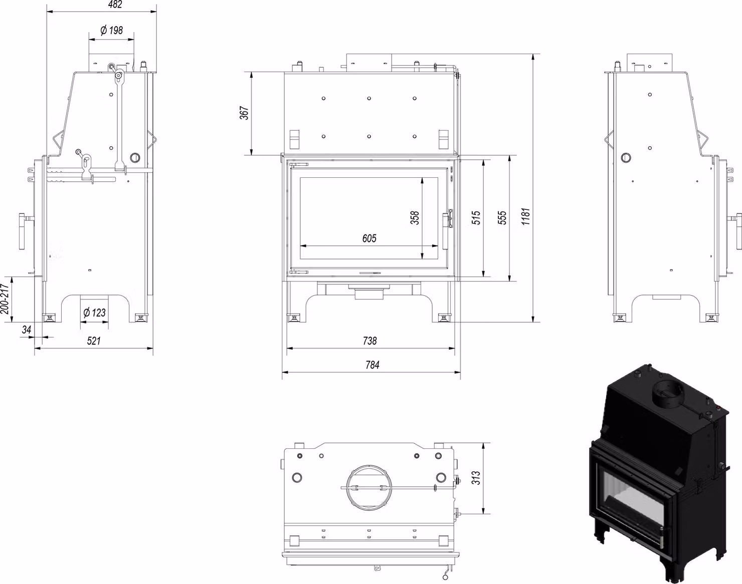 Inserto per caminetto ad acqua KRATKI AQUARIO O 12 kW Ø 200 con molla della porta