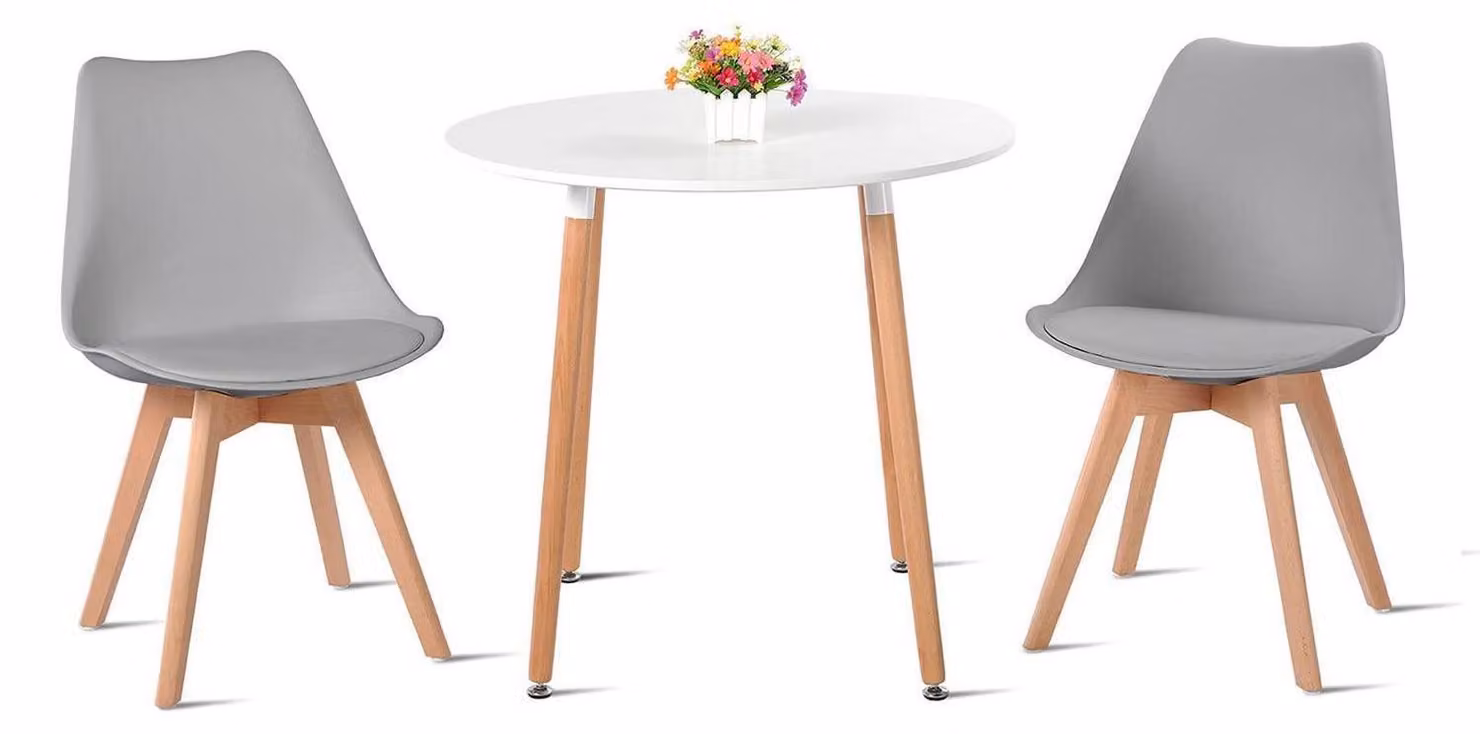 Tavolo da pranzo con 2 sedie, stile scandinavo, rotondo, in legno, bianco e grigio