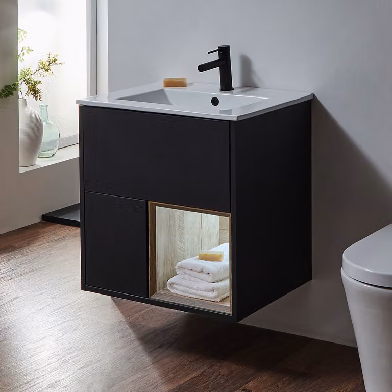 Mobile Bagno Sospeso con Ripiano Aperto da 600mm in Rovere Chiaro con Lavabo d'Appoggio Quadrato - Hoxton
