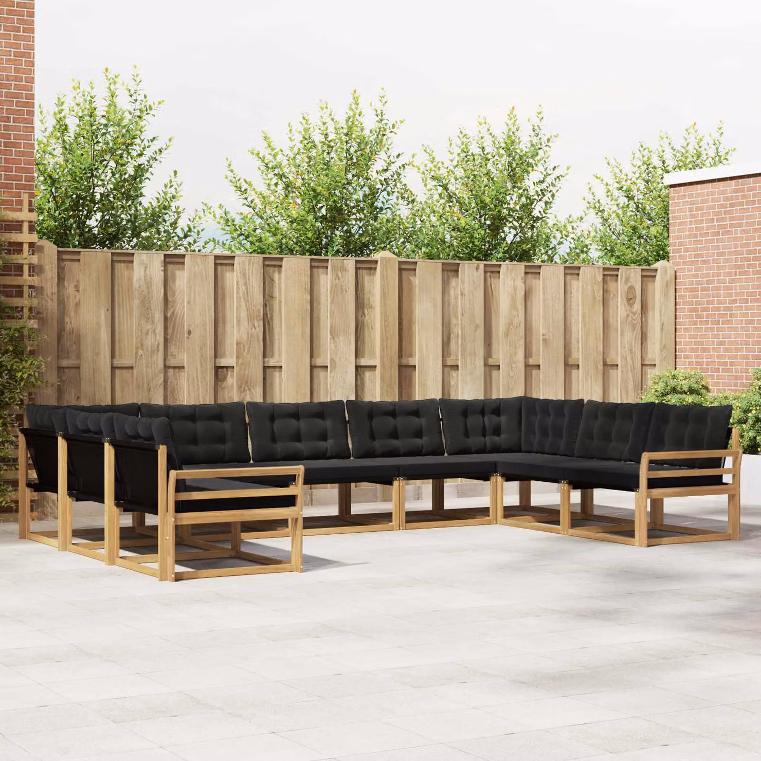 Set di divani da esterno vidaXL a forma di U composto da 9 pezzi in legno di acacia con cuscini bianchi e neri