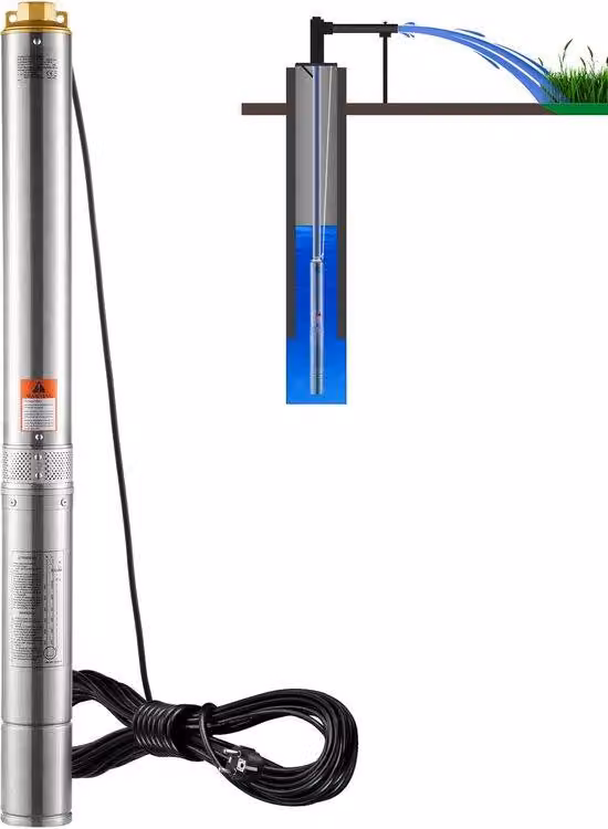 Pompa sommergibile per pozzi profondi, realizzata in acciaio inossidabile, con una potenza di 2200 W, una portata di 9,8 m³/h e un'altezza di mandata di 144 metri, ideale per l'approvvigionamento idrico da pozzi profondi