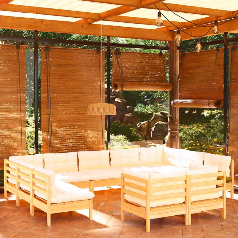 Set di divani da giardino vidaXL a forma di L composto da 11 pezzi in legno massello di pino con cuscini beige