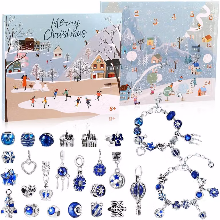 Set di gioielli per calendario dell'Avvento, idea regalo per bambine: braccialetto con ciondoli e perline, colore blu, per creare qualcosa di personalizzato in 24 giorni