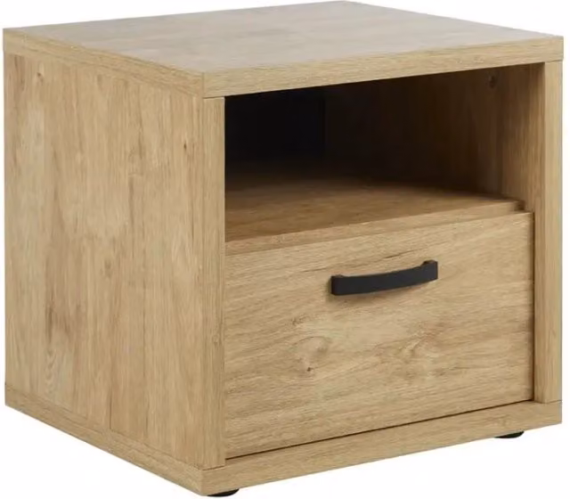 Tavolino da notte Meublorama moderno in legno con finitura rovere opaco, colore beige e marrone, L 50 cm x P 47 cm x H 45 cm