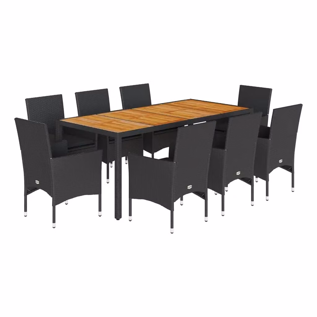vidaXL Set Pranzo da Giardino 9 pz in Polyrattan e Legno di Acacia Nero con Cuscini – 2