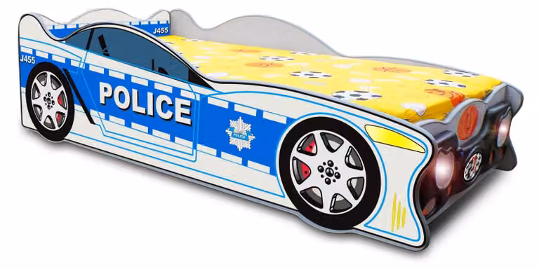 Letto a forma di auto della polizia, letti per bambini, letti per adolescenti, auto della polizia e materasso per bambini