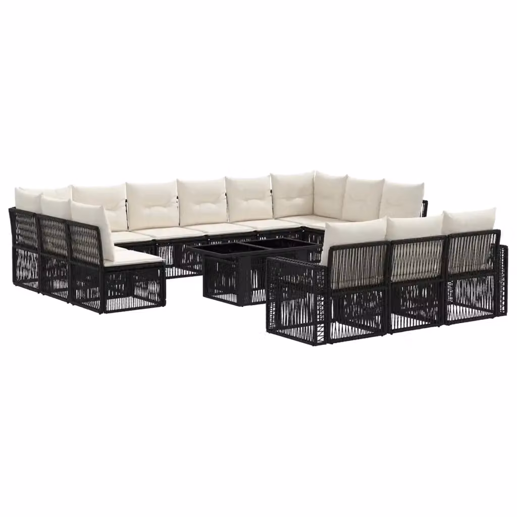 Set Divano da Giardino vidaXL in Polyrattan 14 Pezzi con Tavolino e Cuscini, Colore Nero e Bianco Crema, Forma a U – 2