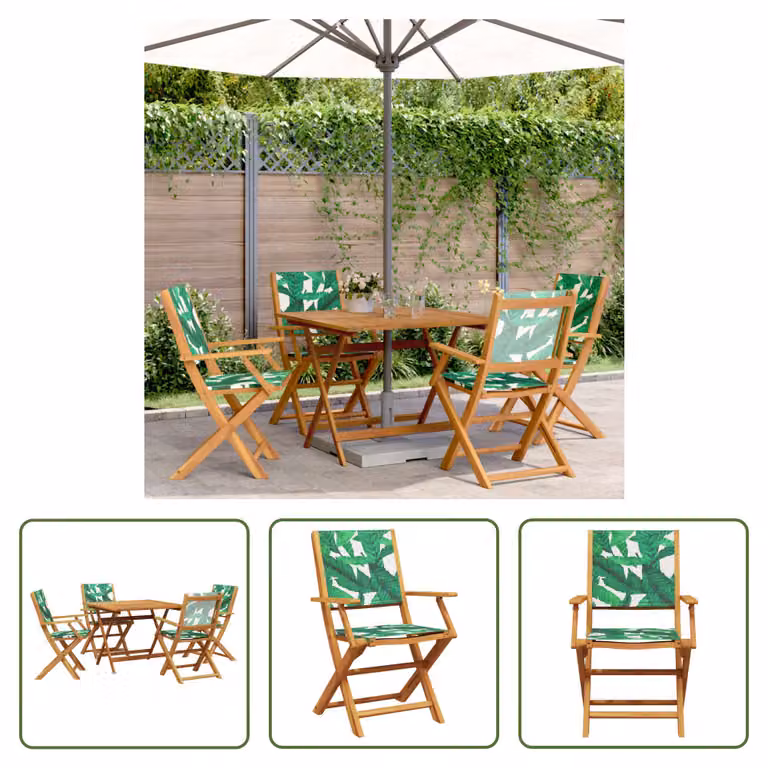 The Living Store Set da pranzo da giardino 5 pezzi in tessuto e legno massiccio motivo foglie